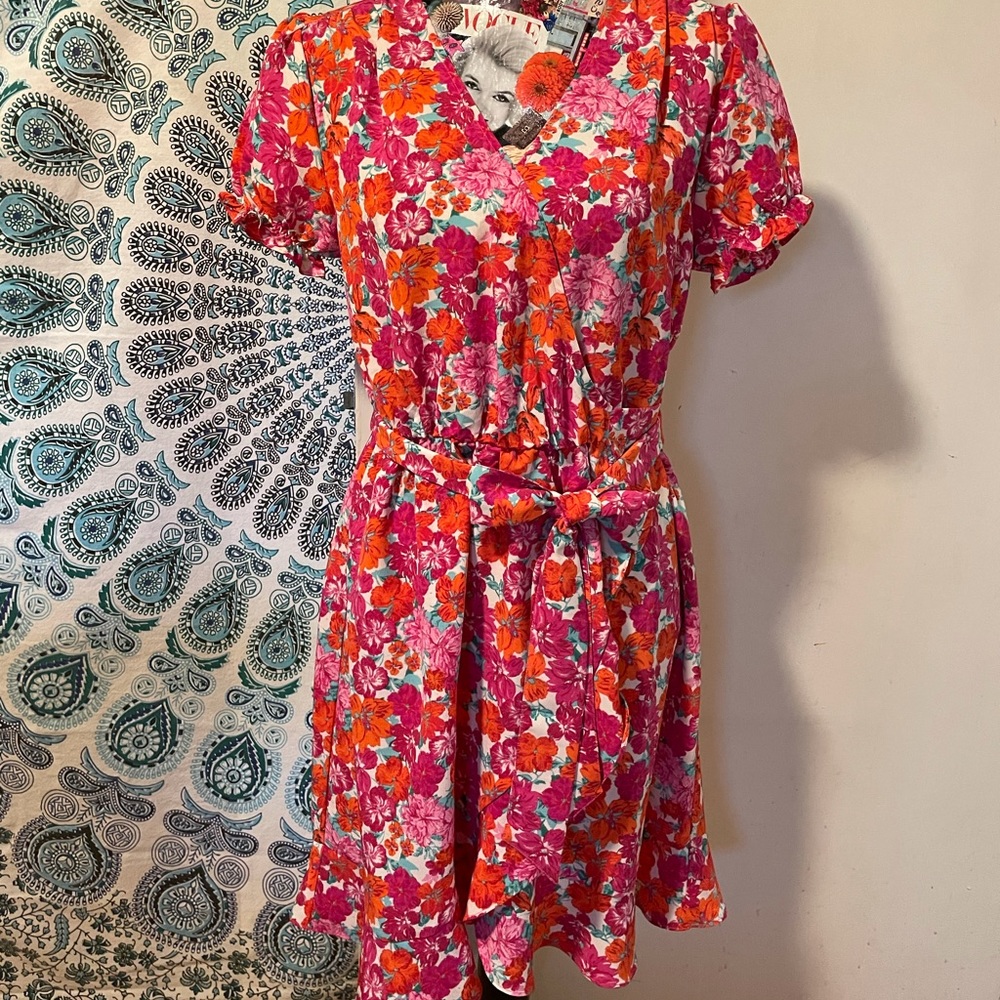 Red & Pink Floral Wrap Dress